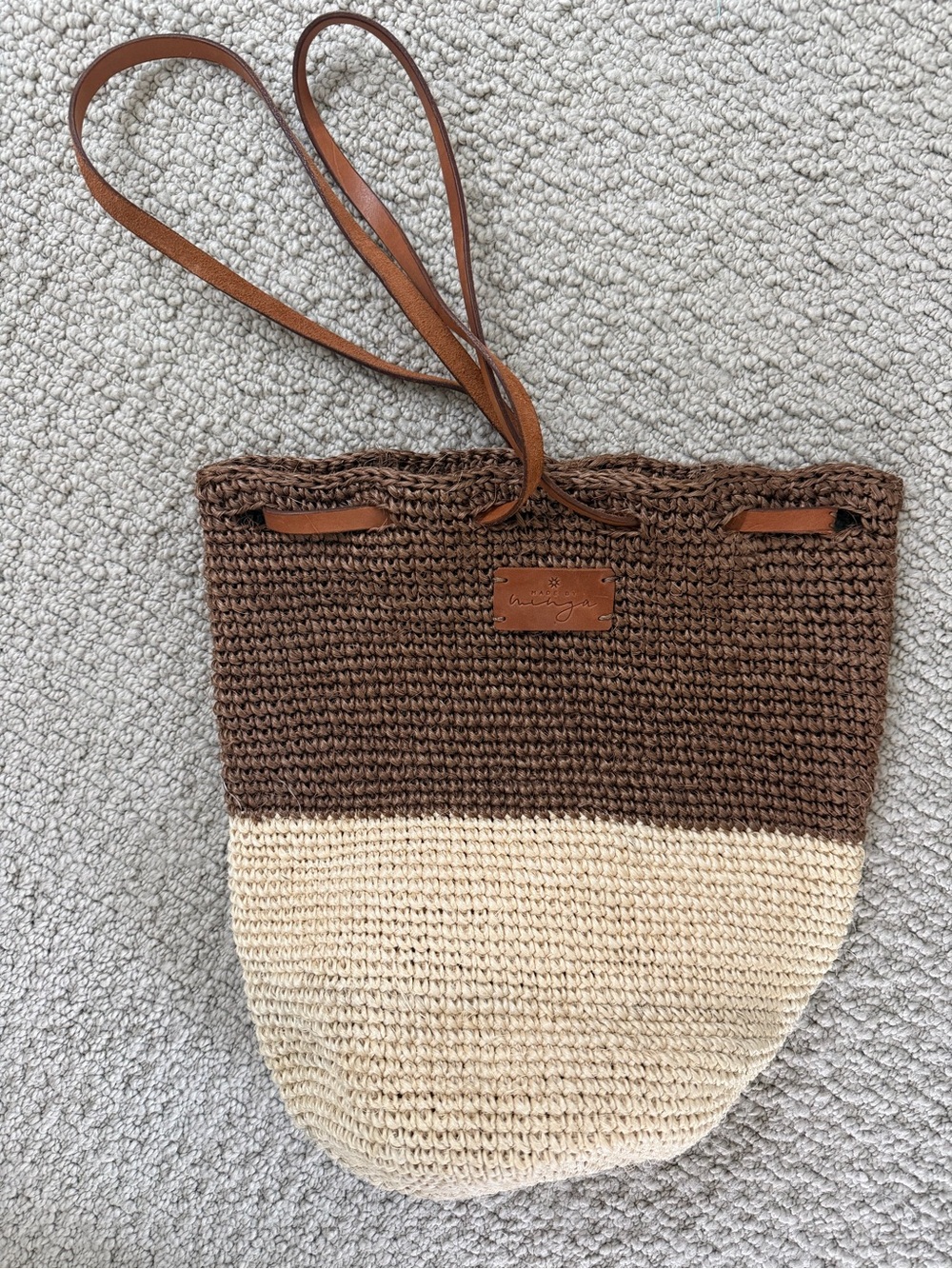 Two-Tone Crochet Tote Bag in Brown and Cream